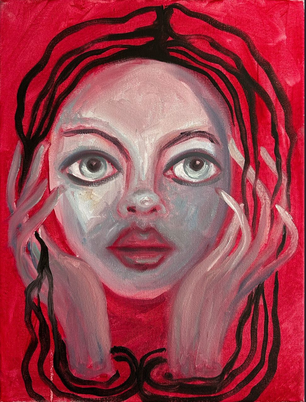 ‘Contemplation in Crimson’ – a surrealist oil painting featuring a hauntingly expressive figure with piercing eyes, framed by flowing black lines against a bold red background. A striking contemporary portrait for fine art collectors drawn to evocative and emotional works.