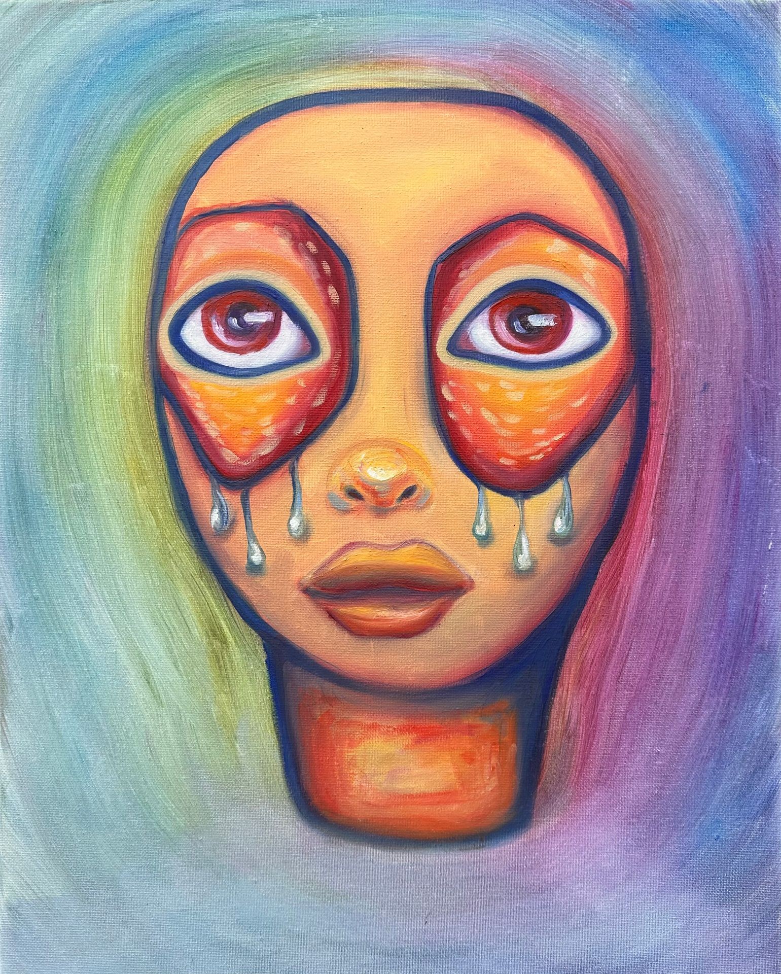 Surrealist oil painting of a luminous humanoid face with red, textured eye markings and tear-like droplets falling from its eyes. Surrounded by a soft, multicolored aura, this visionary portrait evokes deep emotion and mystery—perfect for fine art collectors seeking evocative contemporary works.