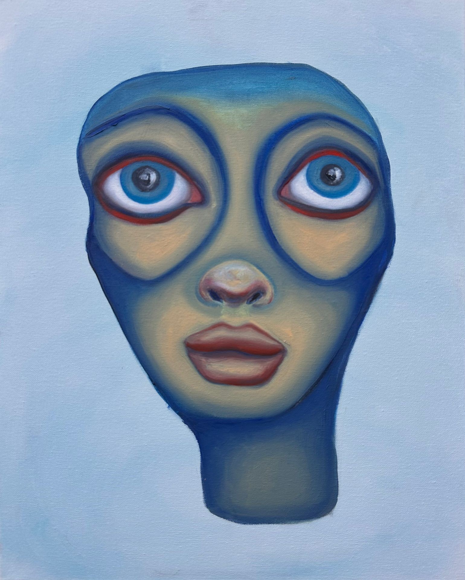 Surrealist oil painting of a blue-hued humanoid figure with large, expressive eyes and a dreamlike presence. Contemporary fine art for collectors seeking visionary, emotive portraiture.