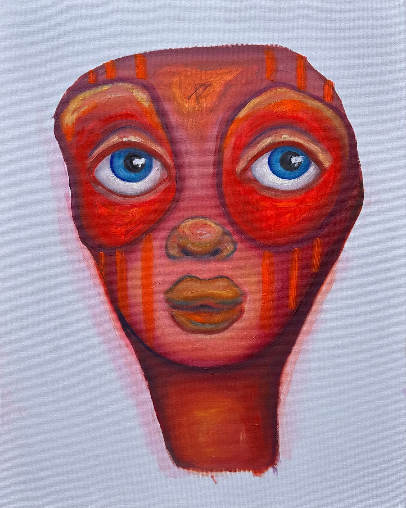 Surrealist oil painting of a red-hued humanoid face with large, striking blue eyes and abstract orange markings. A bold contemporary portrait for collectors of visionary and emotive fine art.
