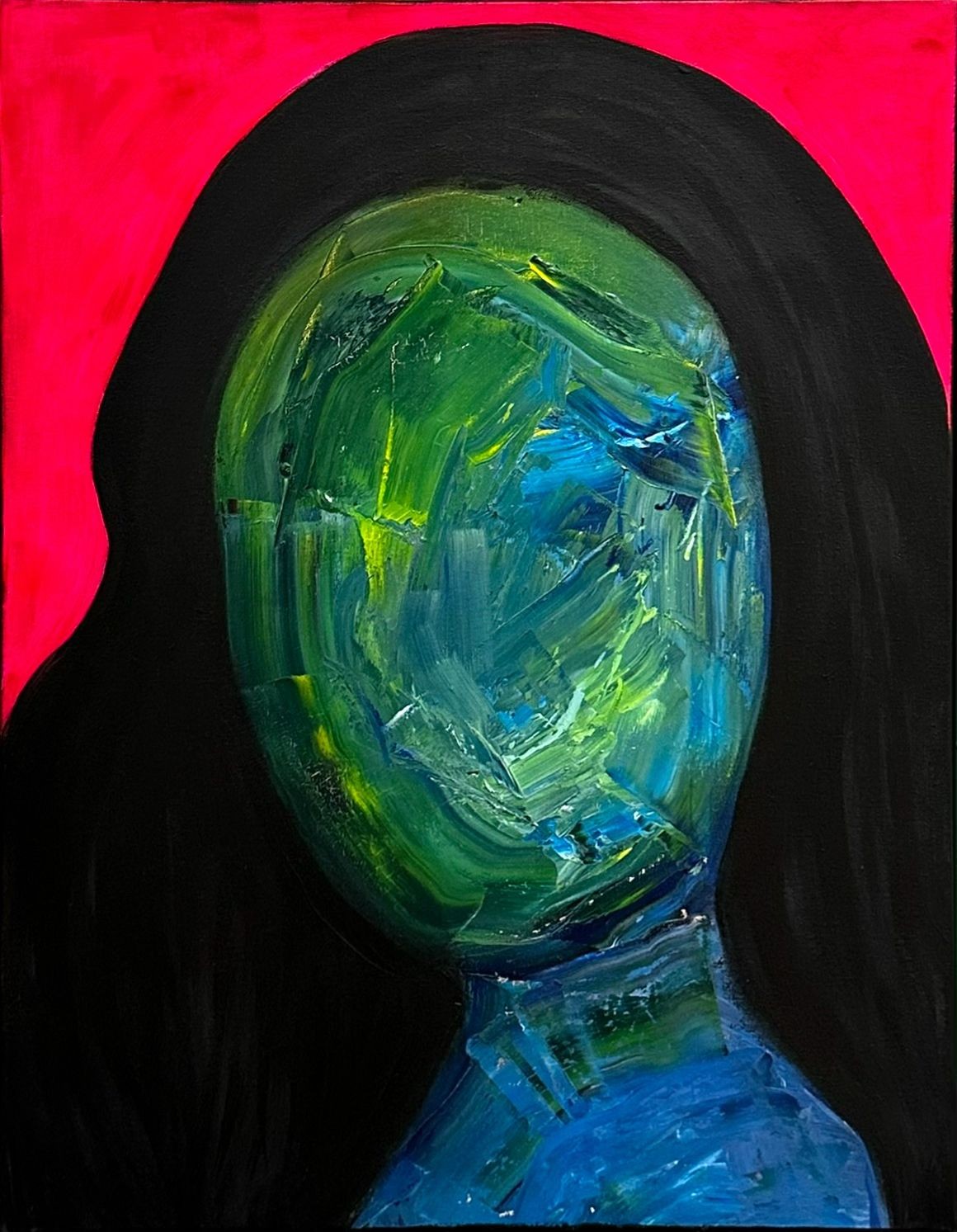 Abstract surrealist oil painting of a faceless figure with a textured green and blue visage, framed by flowing black hair against a bold and vibrant hot pink background. A striking contemporary portrait for fine art collectors drawn to expressive and thought-provoking works.