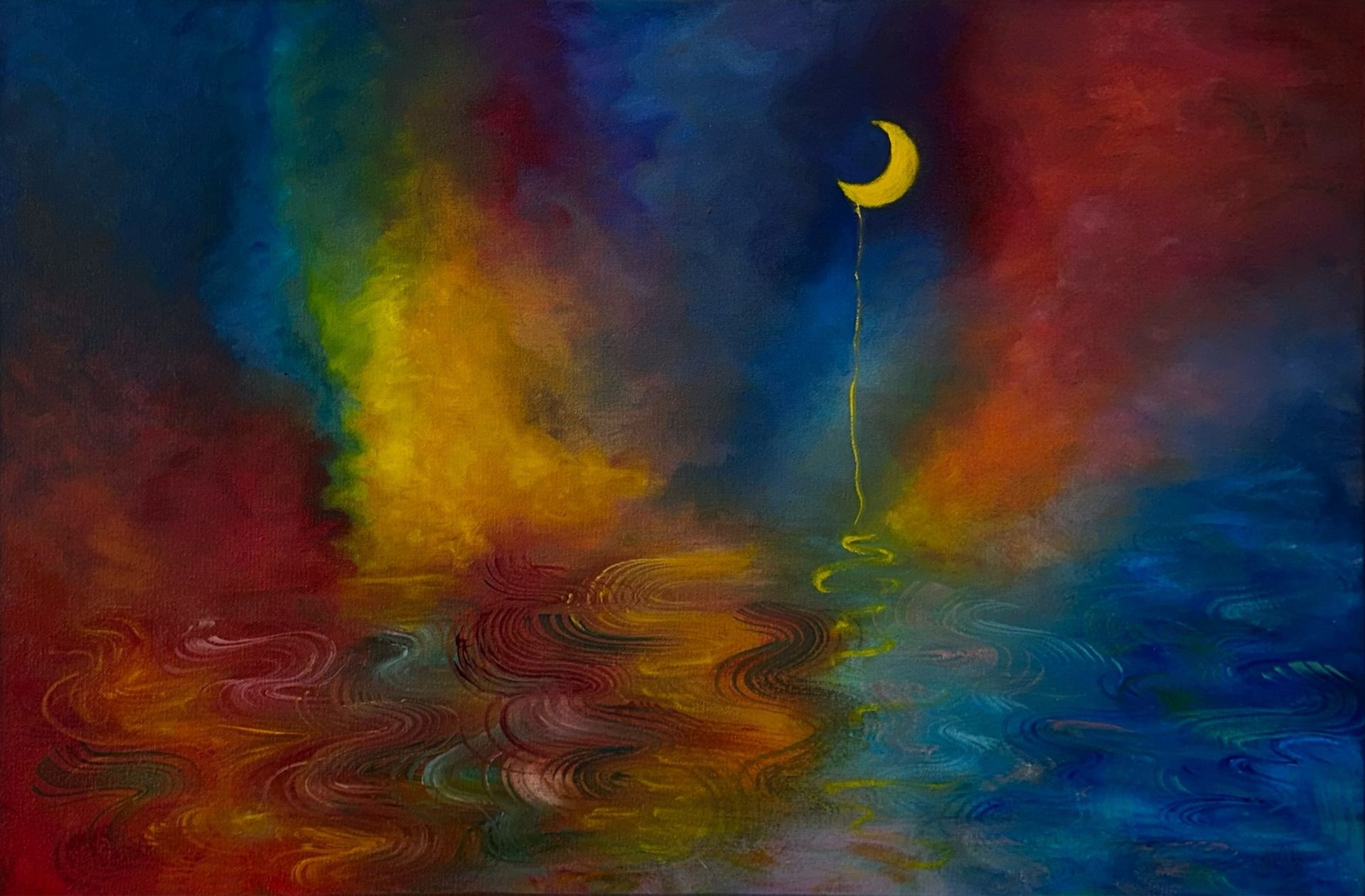 Surreal oil painting of a golden crescent moon tethered to the water by a thin, glowing thread, surrounded by swirling reflections in deep blues, reds, and greens. A dreamy, atmospheric piece for fine art collectors drawn to mystical and ethereal landscapes.