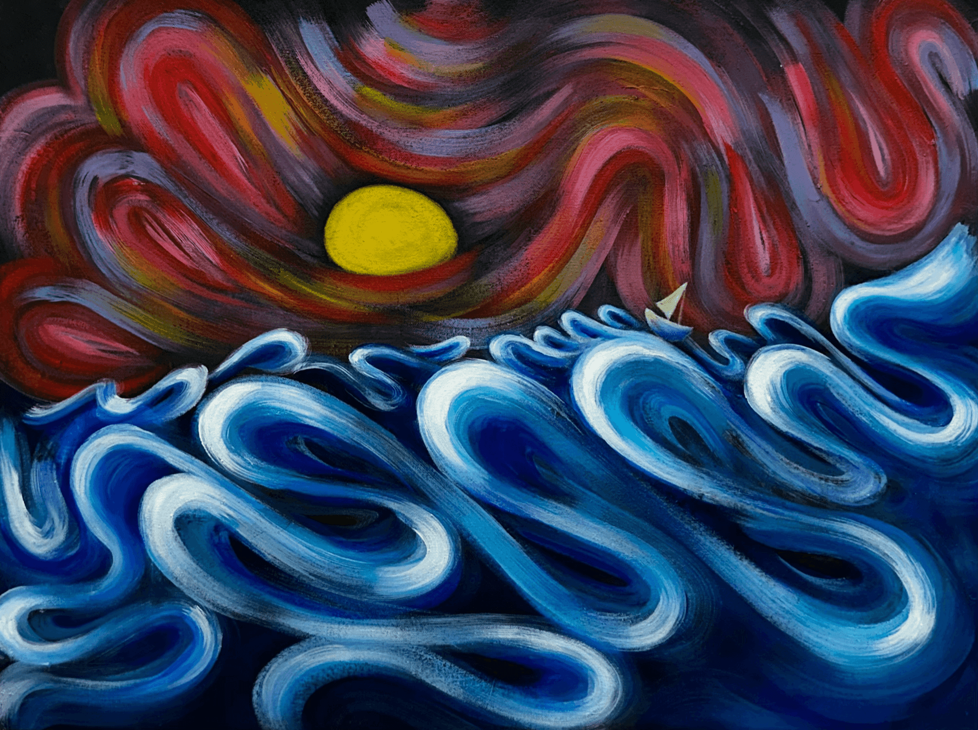 A surrealist acrylic painting featuring a golden moon above a wavy, deep blue ocean with swirling red and purple skies. A dreamlike seascape for fine art collectors drawn to bold colors and flowing movement.
